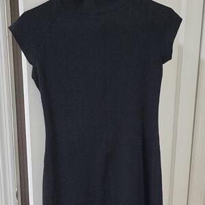 Black Sheath Midi Dress with Mock Neck and Cap Sleeves